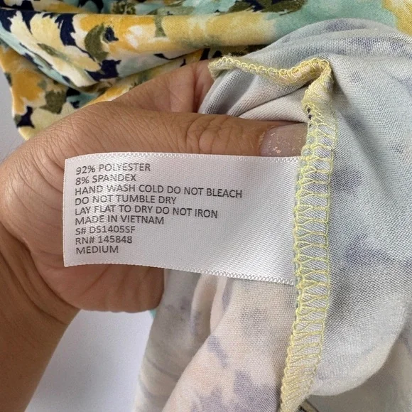 French Grey Dress Yellow/ Green Floral V Neck Tie Waist Short Sleeve- Med - Picture 4 of 6